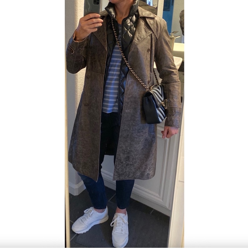 JUNE Brown Leather Trench Coat M